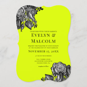 Black and White Roses Lime Green Wedding Invitation