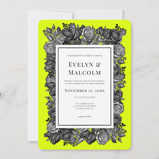 Black and White Roses Lime Green Wedding Invitation (Front)