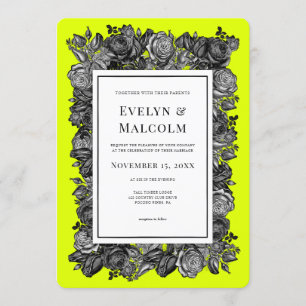 Black and White Roses Lime Green Wedding Invitation