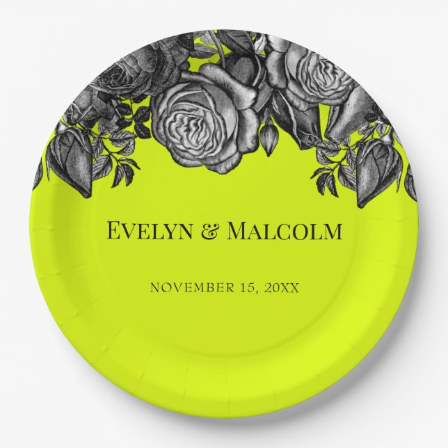 Black and White Roses Lime Green Wedding Paper Plate (Front)