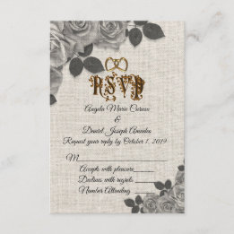 Black and white roses on linen wedding RSVP Invitation