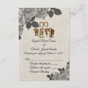 Black and white roses on linen wedding RSVP Invitation