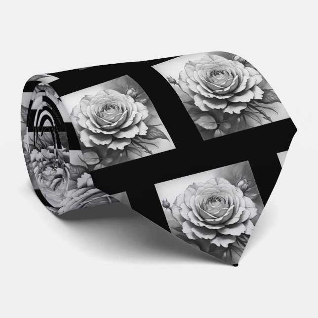 Black and white Roses Pattern Tie (Rolled)