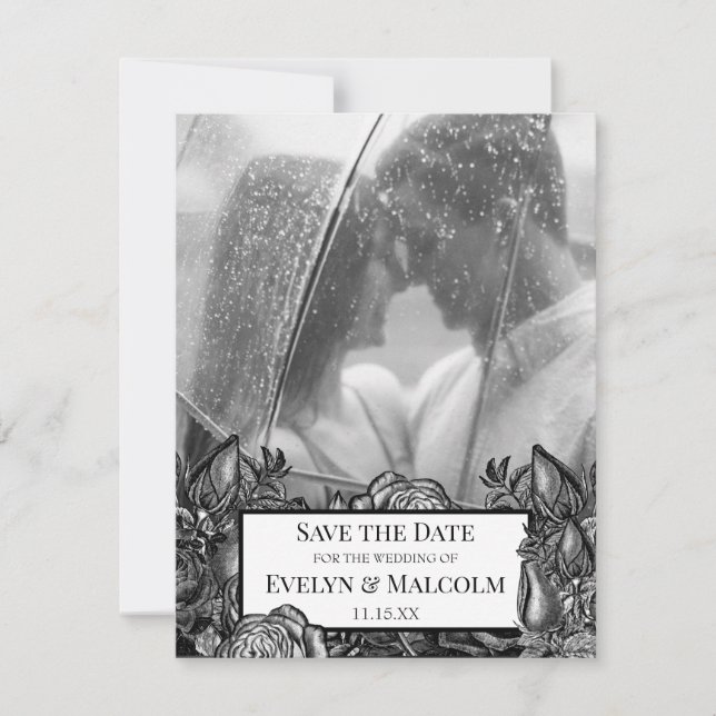 Black and White Roses Photo Save the Date Invitation (Front)