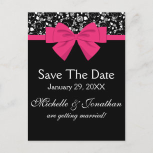 Black and White Roses Pink Bow Announcement Postcard