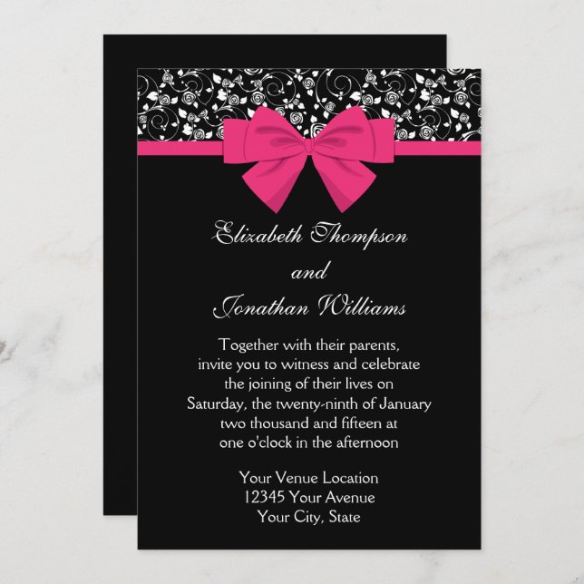 Black and White Roses Pink Bow Invitation (Front/Back)