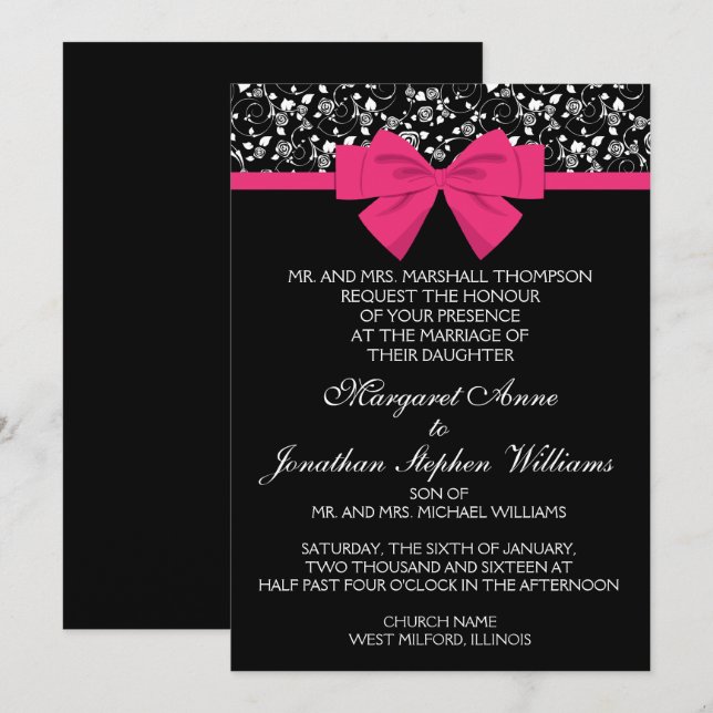 Black and White Roses Pink Bow Invitation (Front/Back)