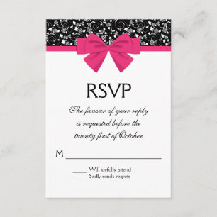 Black and White Roses Pink Bow RSVP Card