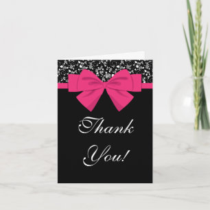Black and White Roses Pink Bow Thank You Card