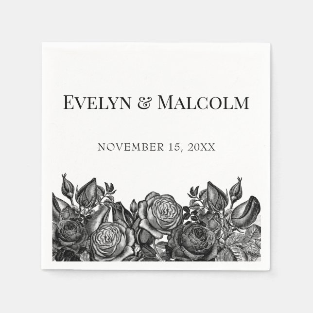 Black and White Roses Simple Minimalist Wedding Napkin (Front)