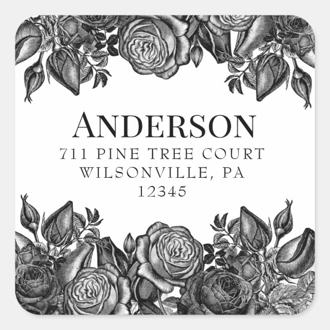 Black and White Roses Wedding Return Address Label (Front)