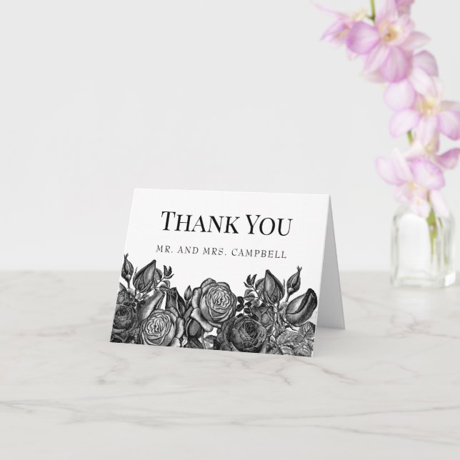 Black and White Roses Wedding Thank You Card (Orchid)