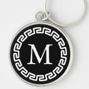 Black and White Round Greek Key Border Monogrammed Key Ring