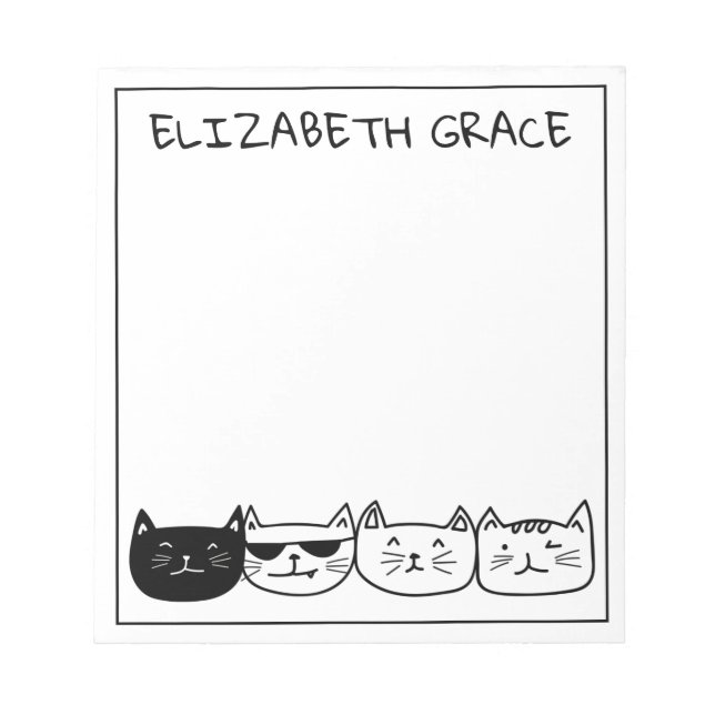 Black and White Row of Cats Personalised Notepad (Front)