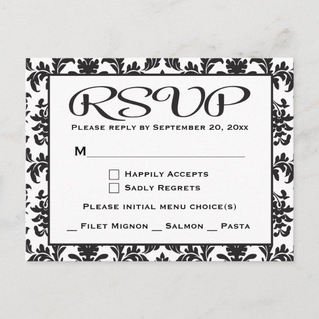 Black And White RSVP Damask Wedding / Party Invitation Postcard (Front)