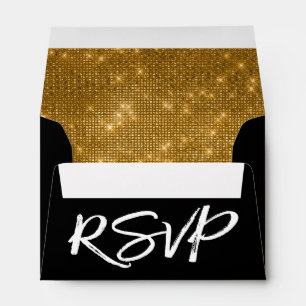 Black and White RSVP with Gold Sparkle inside Envelope