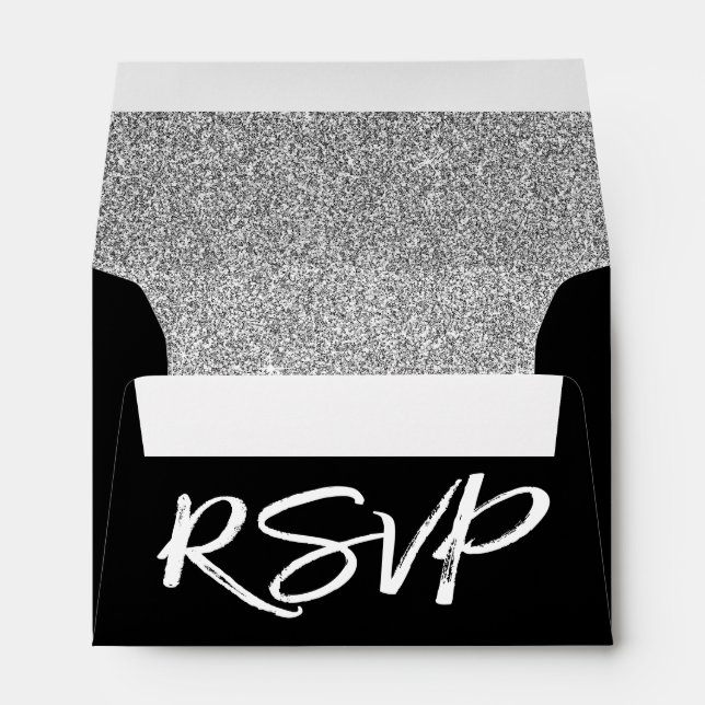 Black and White RSVP with Silver Sparkle & Glitter Envelope (Back (Bottom))