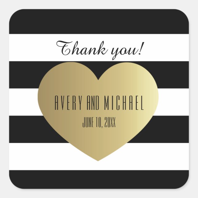 Black and White Rugby Stripes - Gold Foil Effect Square Sticker (Front)