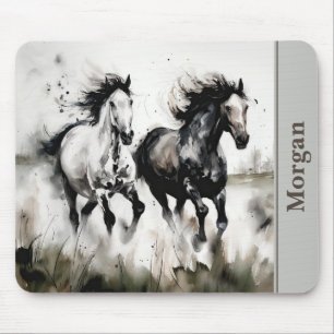Black and White Running Horses Mouse Mat
