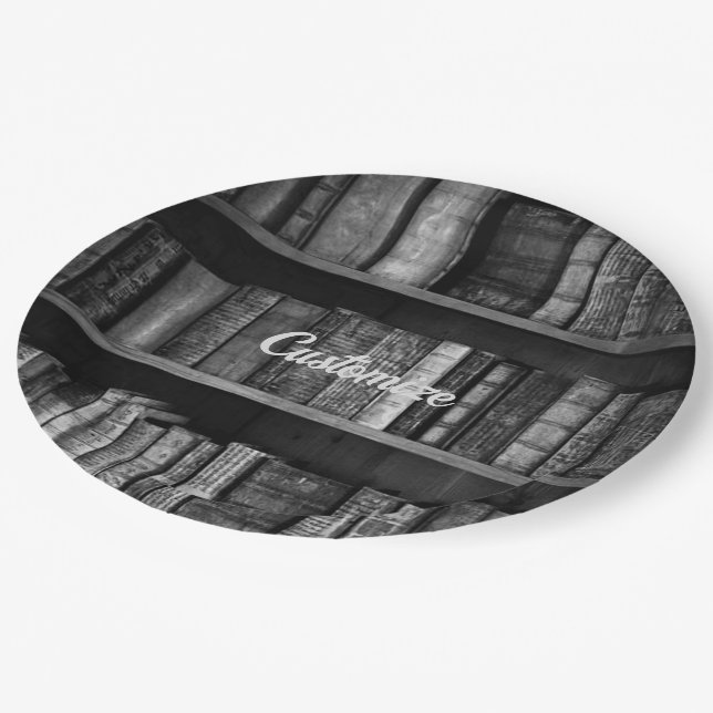 Black And White Rustic Bookshelves Background Paper Plate (Angled)