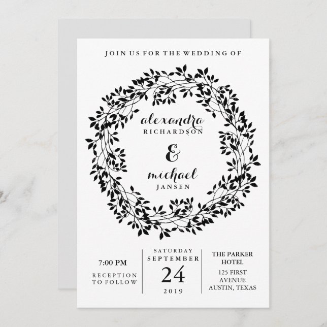 Black and White Rustic Botanical Wreath Wedding Invitation (Front/Back)