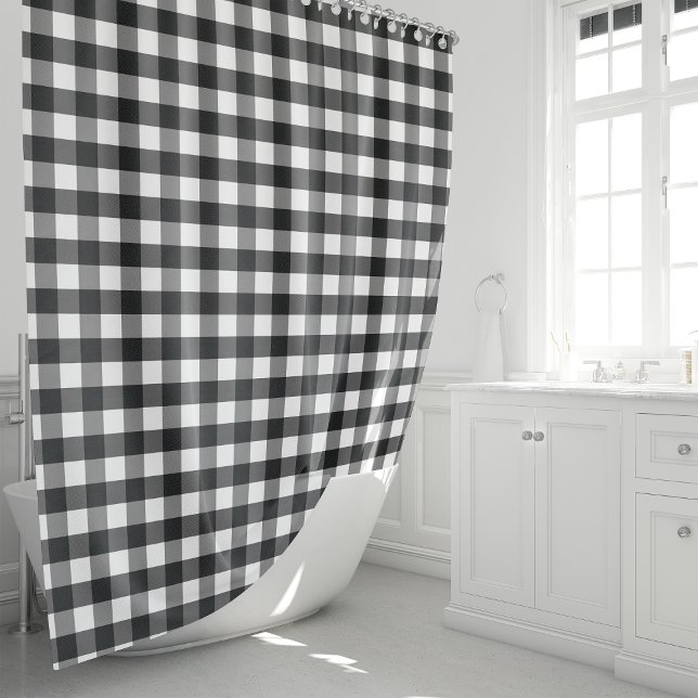 Black And White Rustic Buffalo Plaid Chequered Shower Curtain (Creator Uploaded)