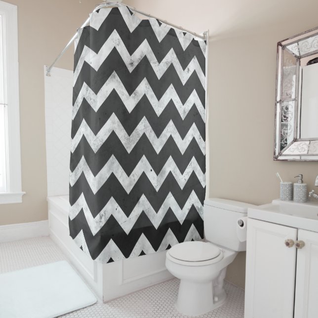 Black and white Rustic Chevron pattern Shower Curtain (In Situ)