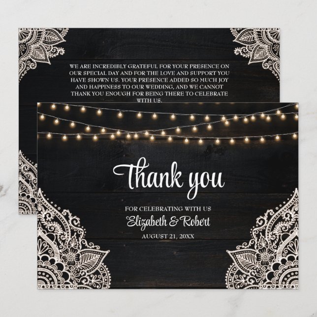 Black and White Rustic Elegance Wedding Thank You Card (Front/Back)
