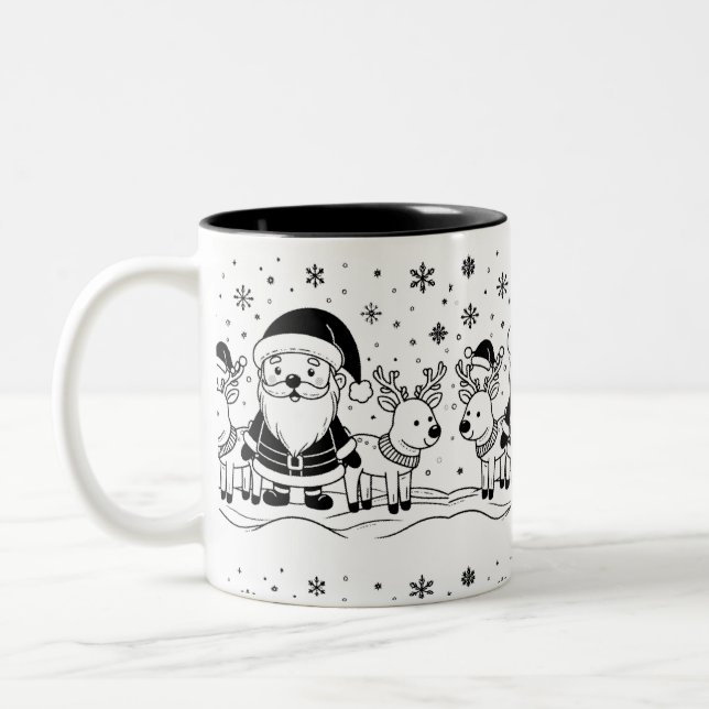 Black and White Santa Claus with Reindeers Two-Tone Coffee Mug (Left)