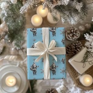Black and White Santa Line Art Baby Blue Wrapping Paper