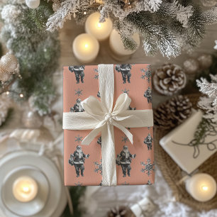 Black and White Santa Line Art Coral Pink Wrapping Paper