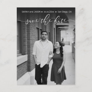 black and white save the date script photo postcard
