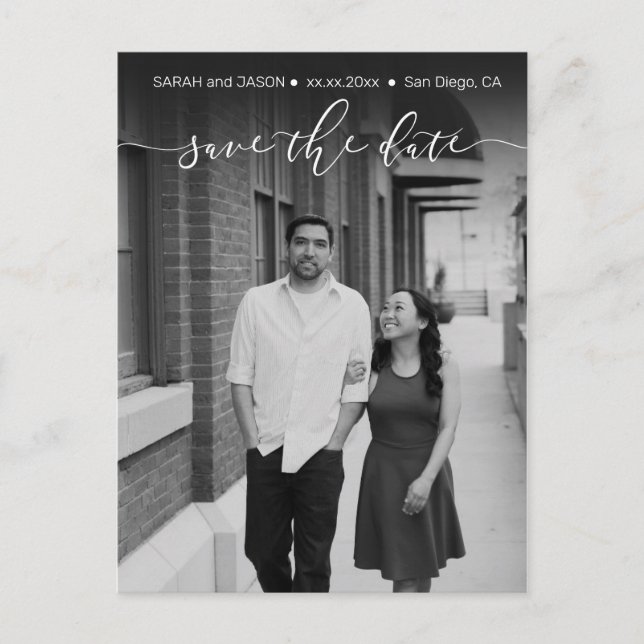 black and white save the date script photo postcard (Front)