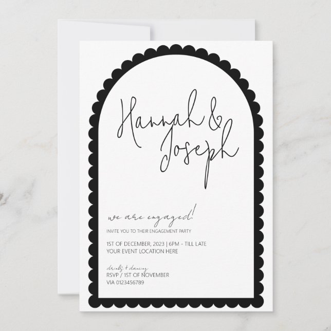 Black and White Scallop Edge Arch Engagement Party Invitation (Front)