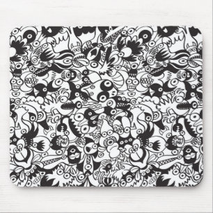 Black and white scary monsters in doodle art style mouse mat