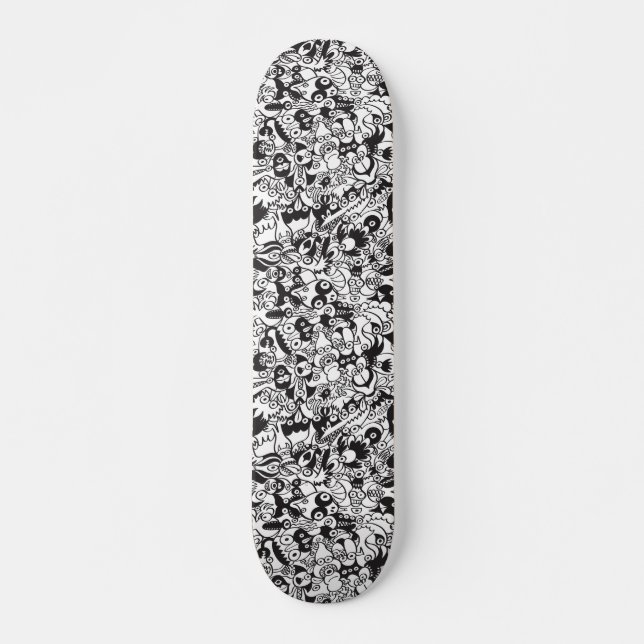 Black and white scary monsters in doodle art style skateboard (Front)
