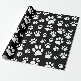 Black and White Scattered Dog Paw Prints Wrapping Paper