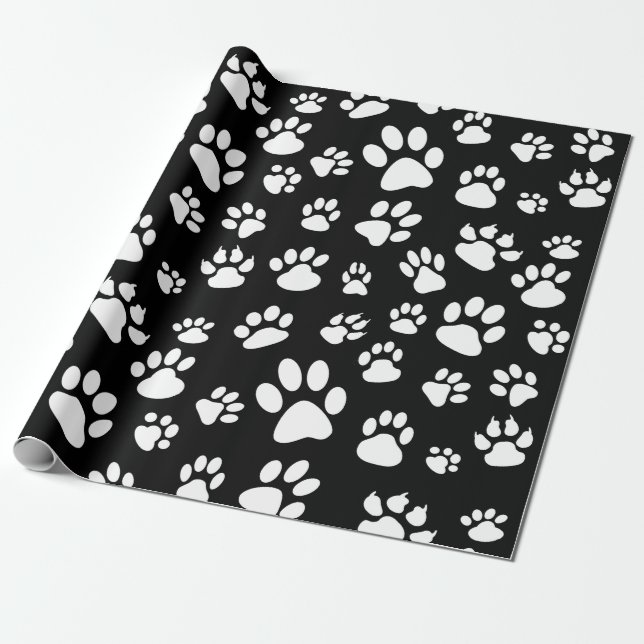 Black and White Scattered Dog Paw Prints Wrapping Paper (Unrolled)