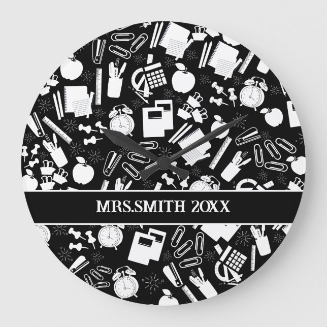 black and white School Supplies Pattern Large Clock (Front)
