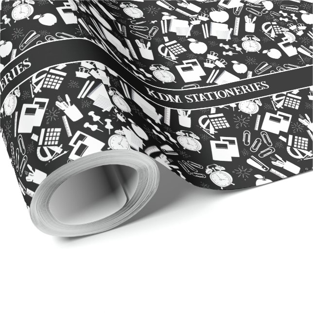 black and white School Supplies Pattern Wrapping Paper (Roll Corner)