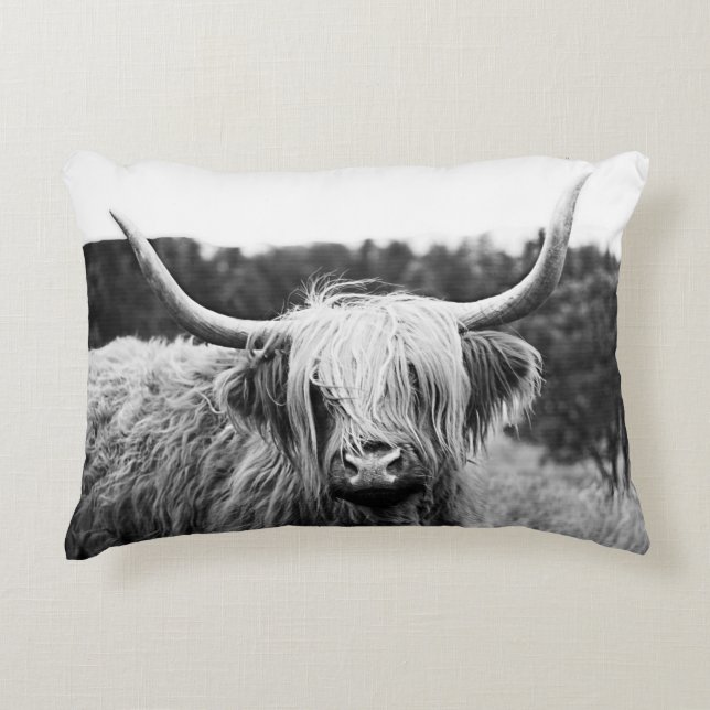 Black and White Scottish Highland Cow Accent  Decorative Cushion (Front)