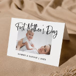 Black and White | Script First Mother's Day Photo Card<br><div class="desc">This lovely,  black and white,  happy Mother's Day greeting card for the first time mother features modern script typography that says "First Mother's Day." Add a photo of her and the baby,  with room to personalise with names and year.</div>