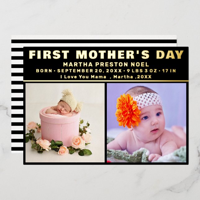 Black and White | Script First Mother's Day Photo  Foil Holiday Card (Front/Back)