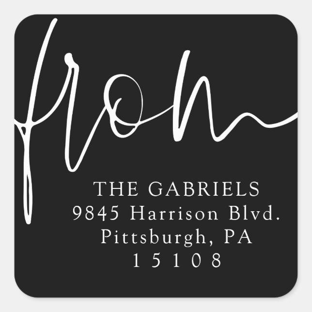 Black and white script from return address square sticker (Front)