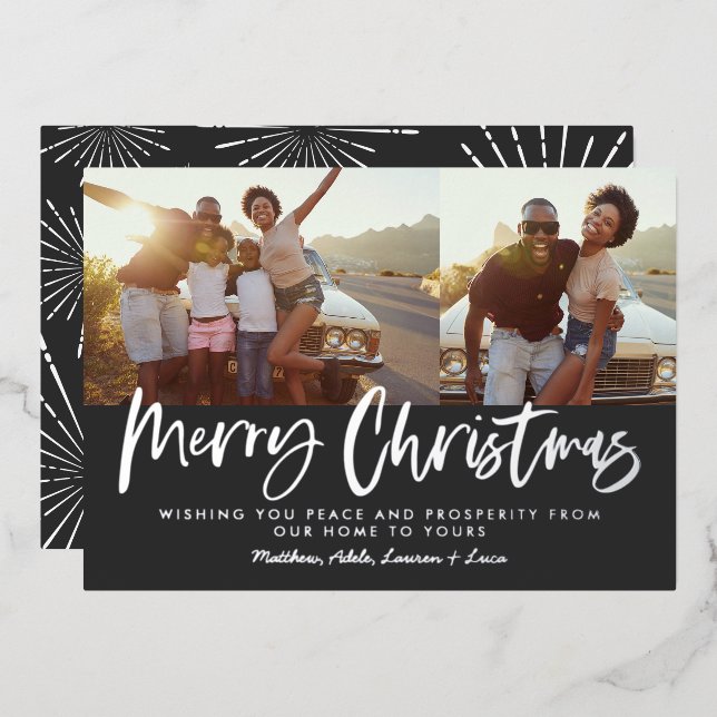 Black and white script merry christmas multi photo foil holiday card (Front/Back)