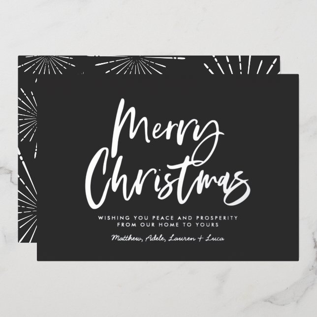 black and white script merry Christmas non photo  Foil Holiday Card (Front/Back)