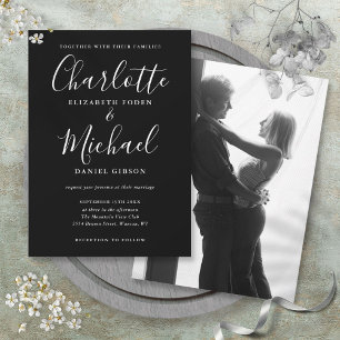Black And White Script Monochrome Photo Wedding Invitation