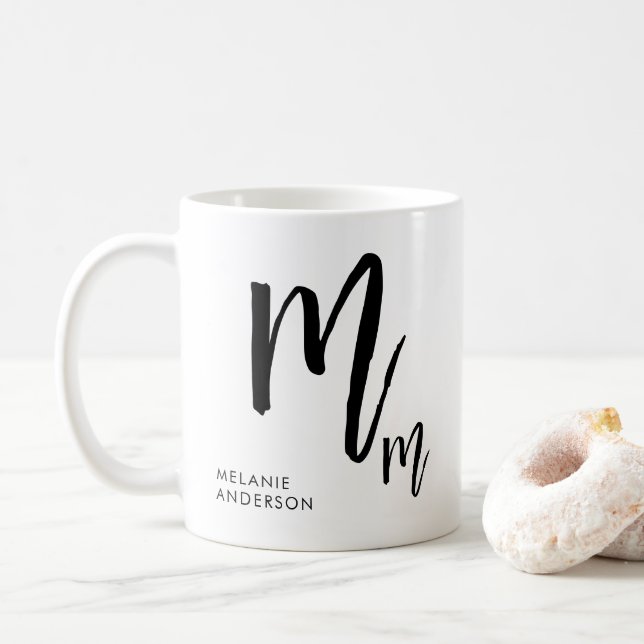 Black and White Script Monogram Coffee Mug (With Donut)
