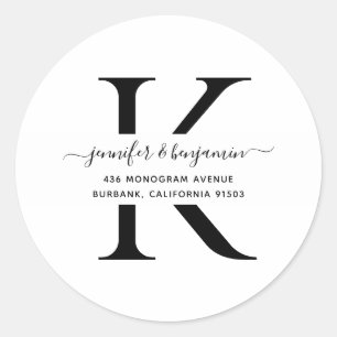 Black and White Script Monogram Return Address Classic Round Sticker