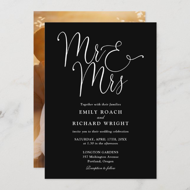 Black And White Script Mr And Mrs Photo Wedding Invitation (Front/Back)